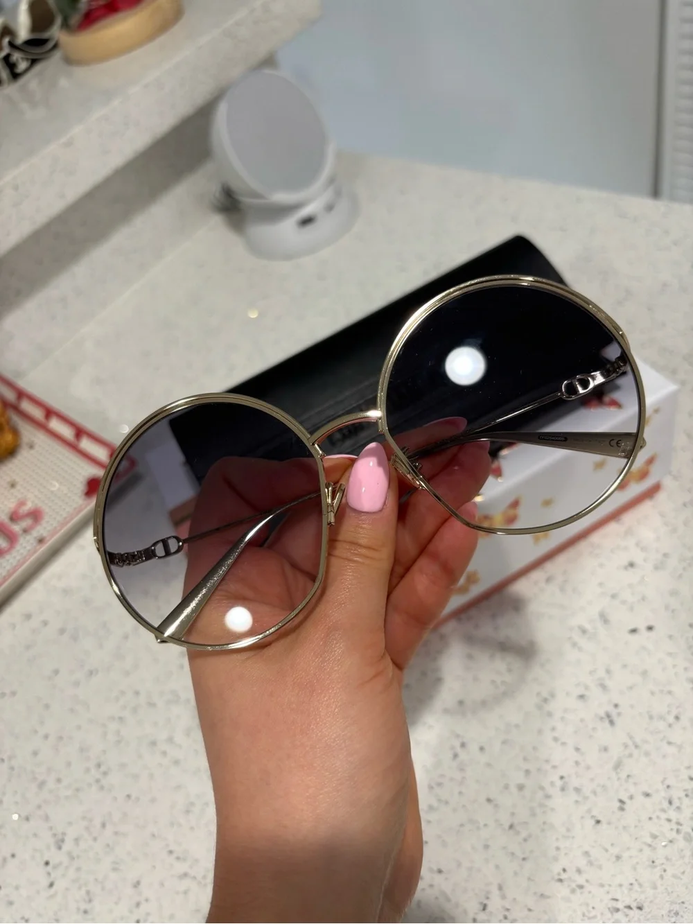 Christian Dior Gold Round Frame Sunglasses with Black Gradient Lenses